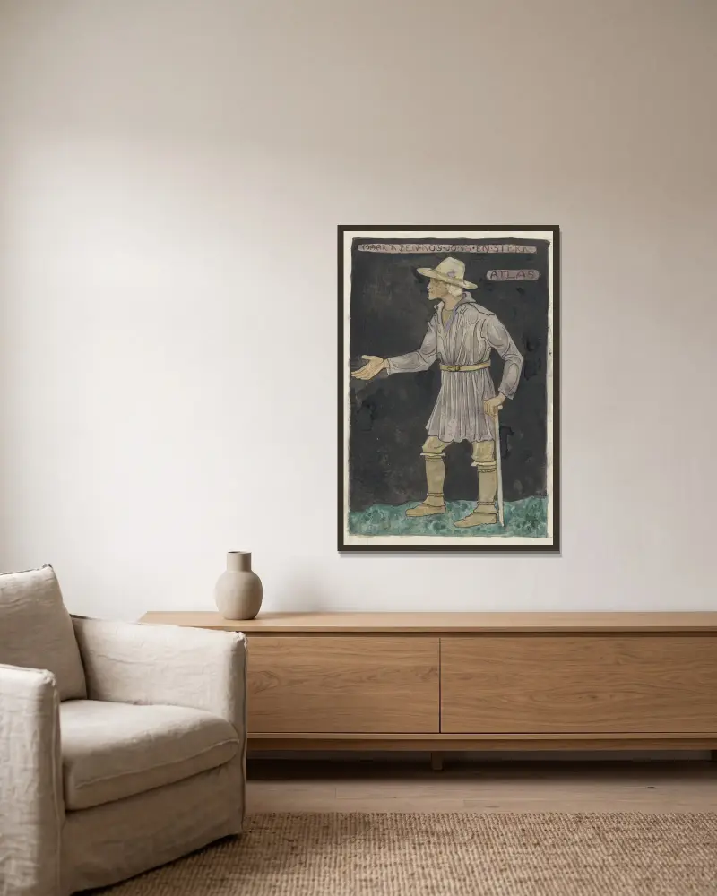 Kostymförslag för Atlas av Richard Nicolaüs Roland Holst inramad på en vägg
