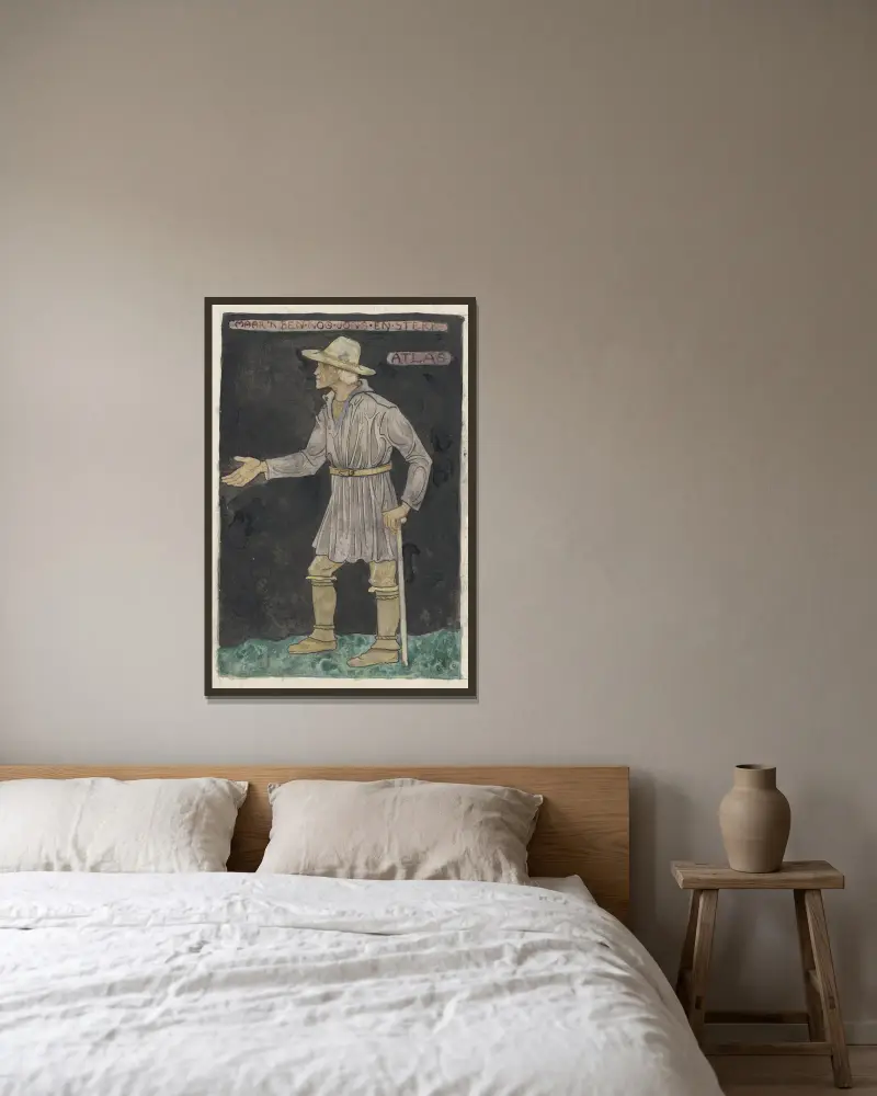 Kostymförslag för Atlas av Richard Nicolaüs Roland Holst inramad på en vägg