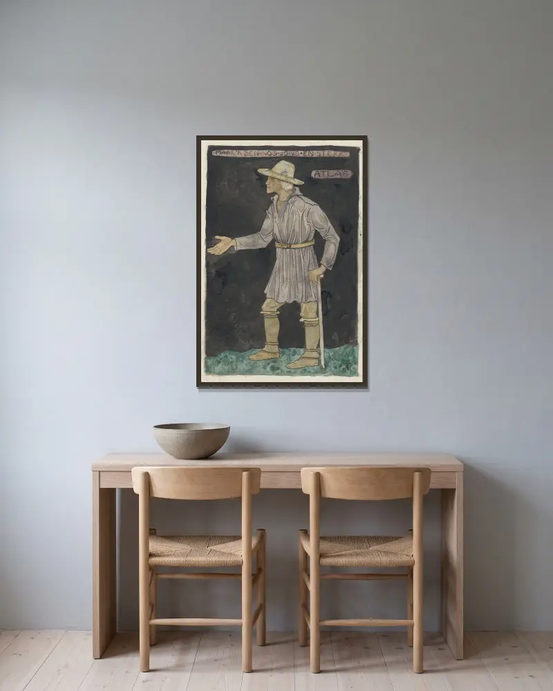 Kostymförslag för Atlas av Richard Nicolaüs Roland Holst inramad på en vägg