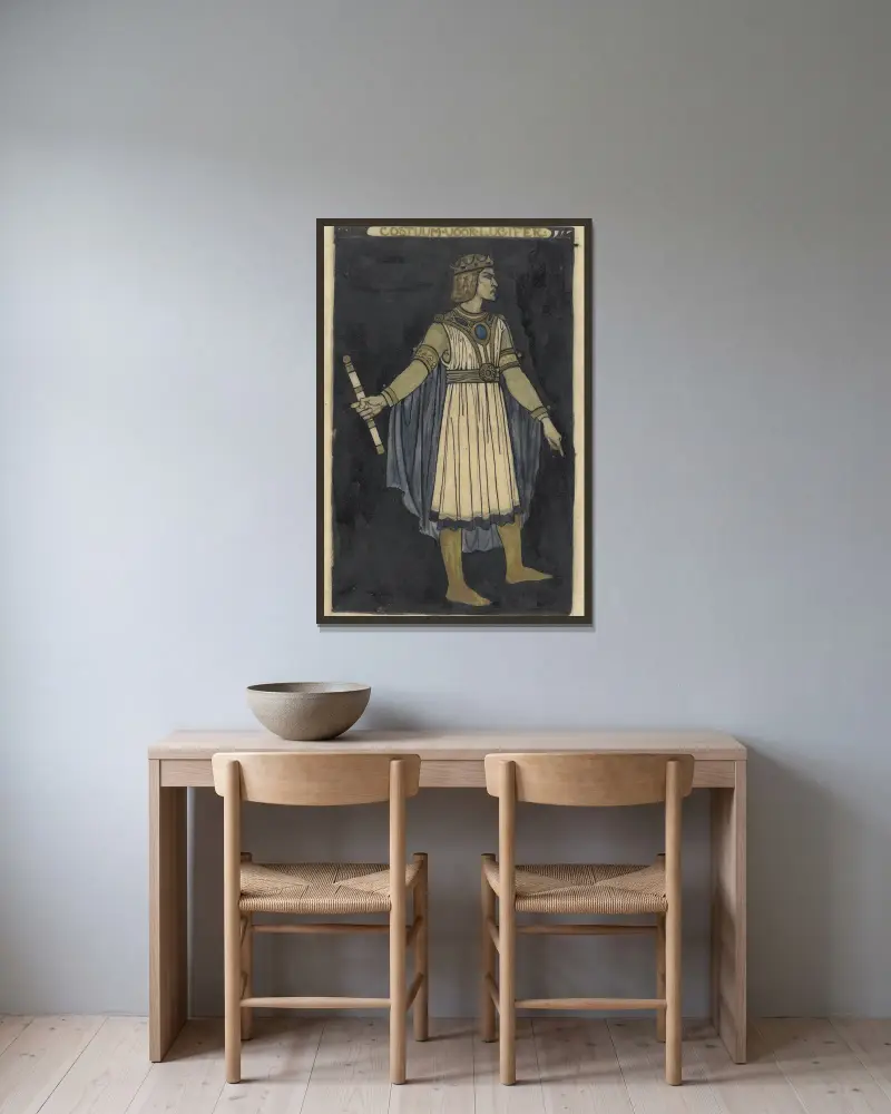 Entwurf für ein Kostüm für Lucifer von Richard Nicolaüs Roland Holst gerahmt an einer Wand