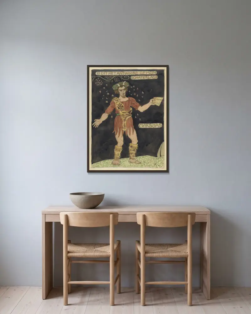 Kostymförslag för Marsyas av Richard Nicolaüs Roland Holst inramad på en vägg