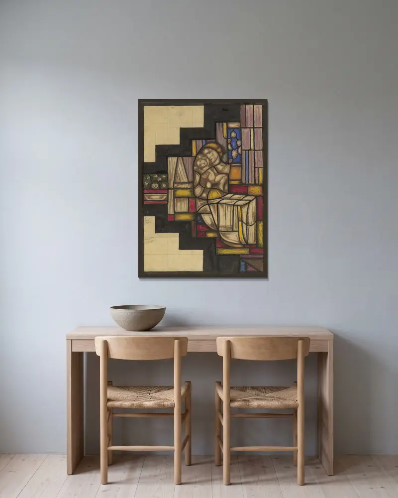 Design för fönster i det nederländska paviljongen på utställningen Arts Décoratifs i Paris, 1925, 1925 – nr 2 av Richard Nicolaüs Roland Holst inramad på en vägg