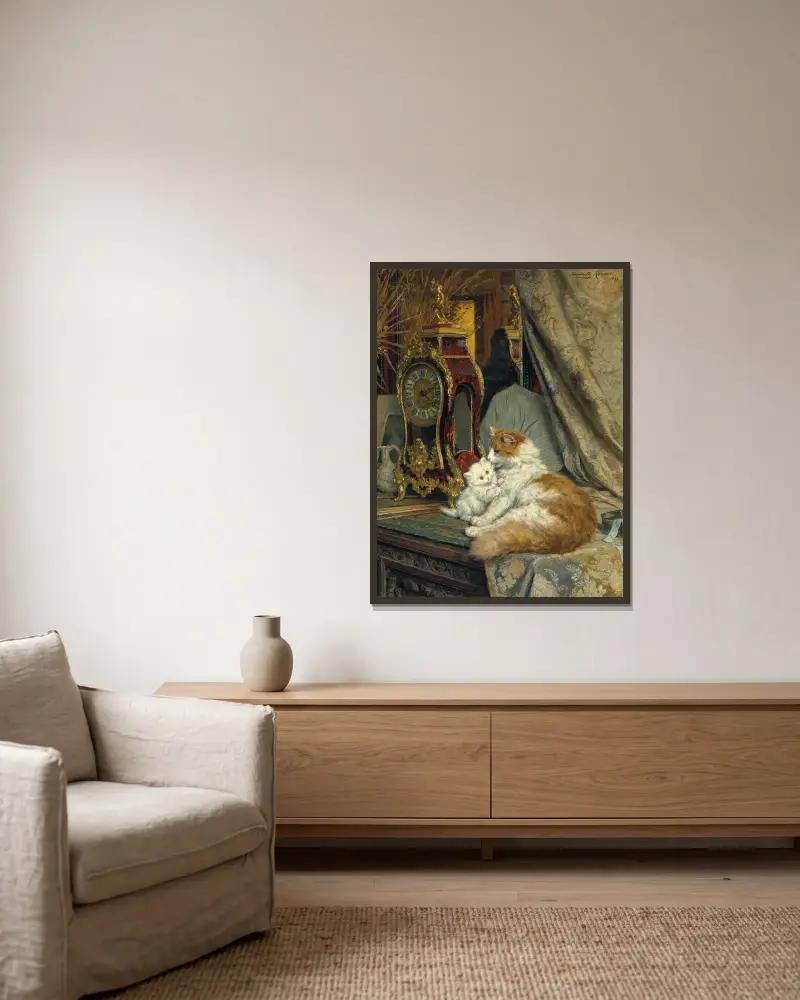 A Mother Cat and her Kitten with a Bracket Clock av Henriëtte Ronner-Knip inramad på en vägg