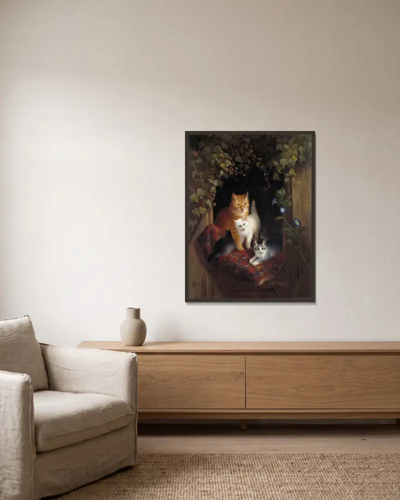 Katze mit Kätzchen von Henriëtte Ronner-Knip gerahmt an einer Wand