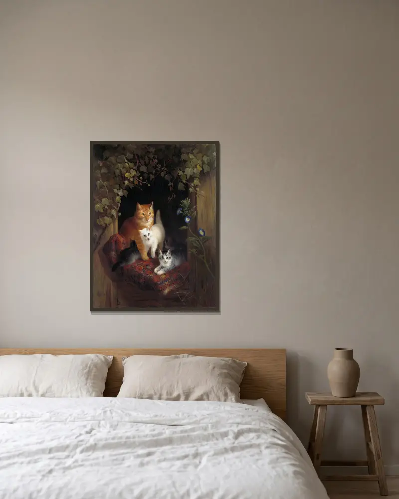 Katze mit Kätzchen von Henriëtte Ronner-Knip gerahmt an einer Wand