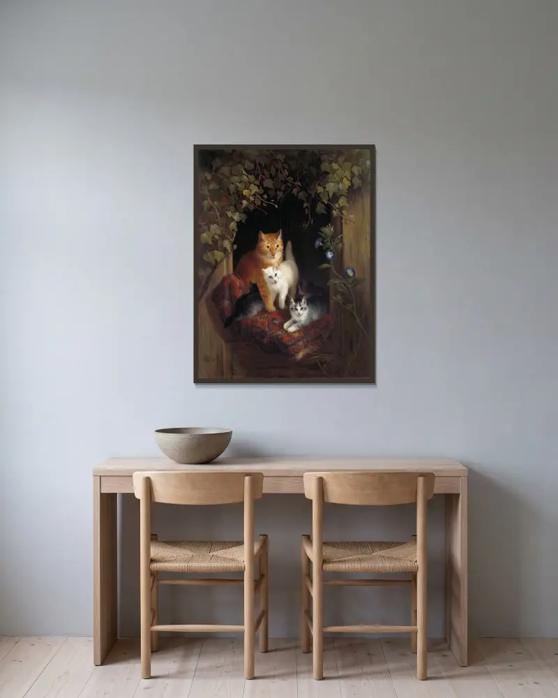Katze mit Kätzchen von Henriëtte Ronner-Knip gerahmt an einer Wand