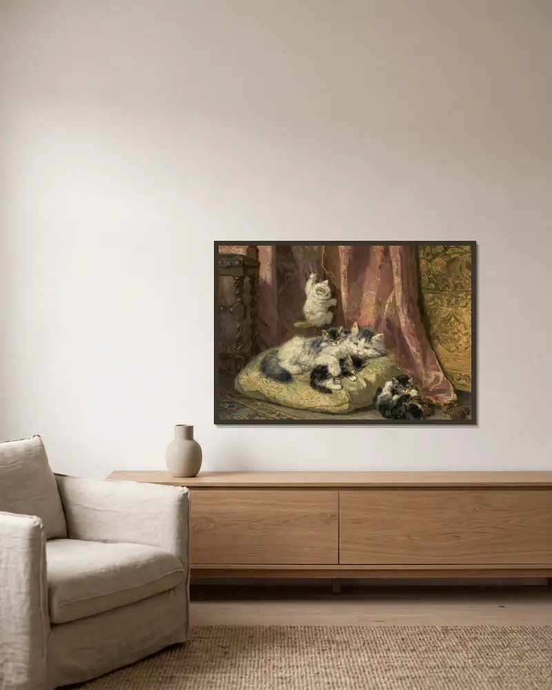 Kittens at Play – nr 2 av Henriëtte Ronner-Knip inramad på en vägg