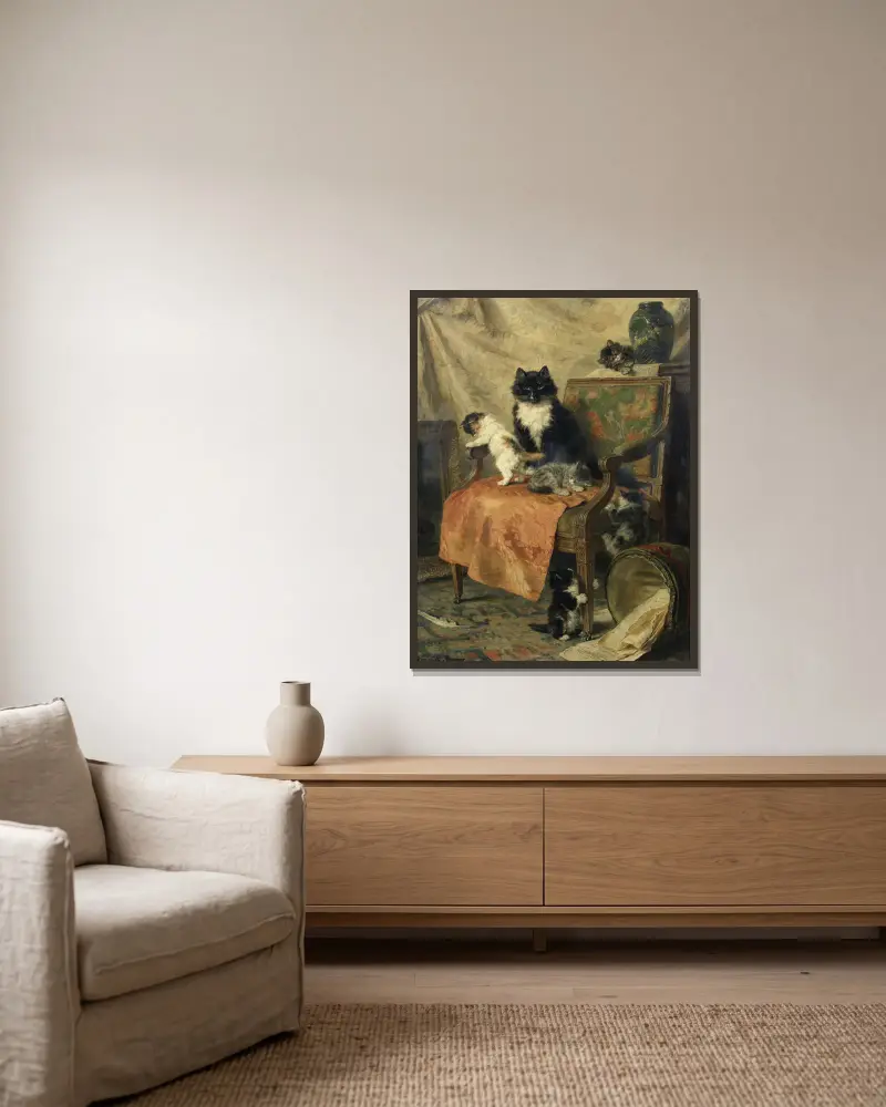 Kittens At Play – nr 3 av Henriëtte Ronner-Knip inramad på en vägg