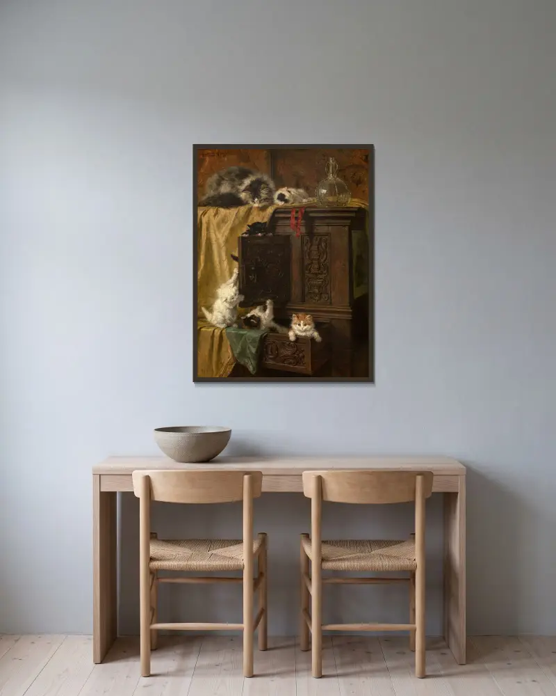 Misbehaving av Henriëtte Ronner-Knip inramad på en vägg