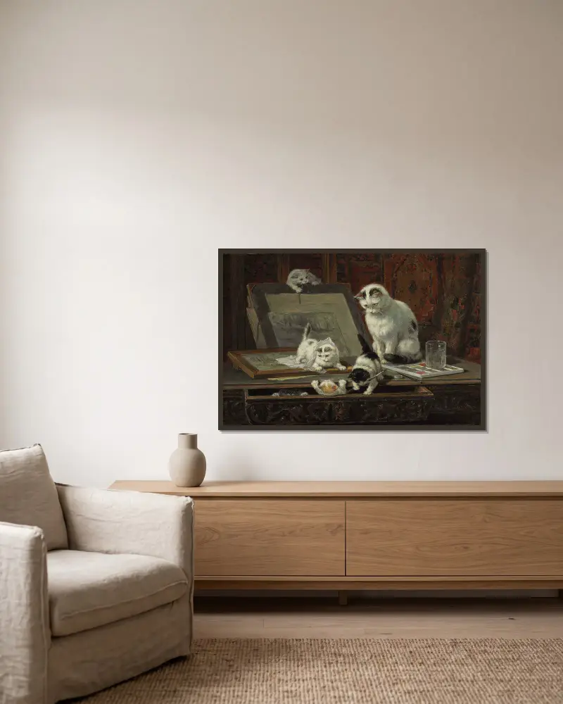 The Kitten’s Art Lesson av Henriëtte Ronner-Knip inramad på en vägg