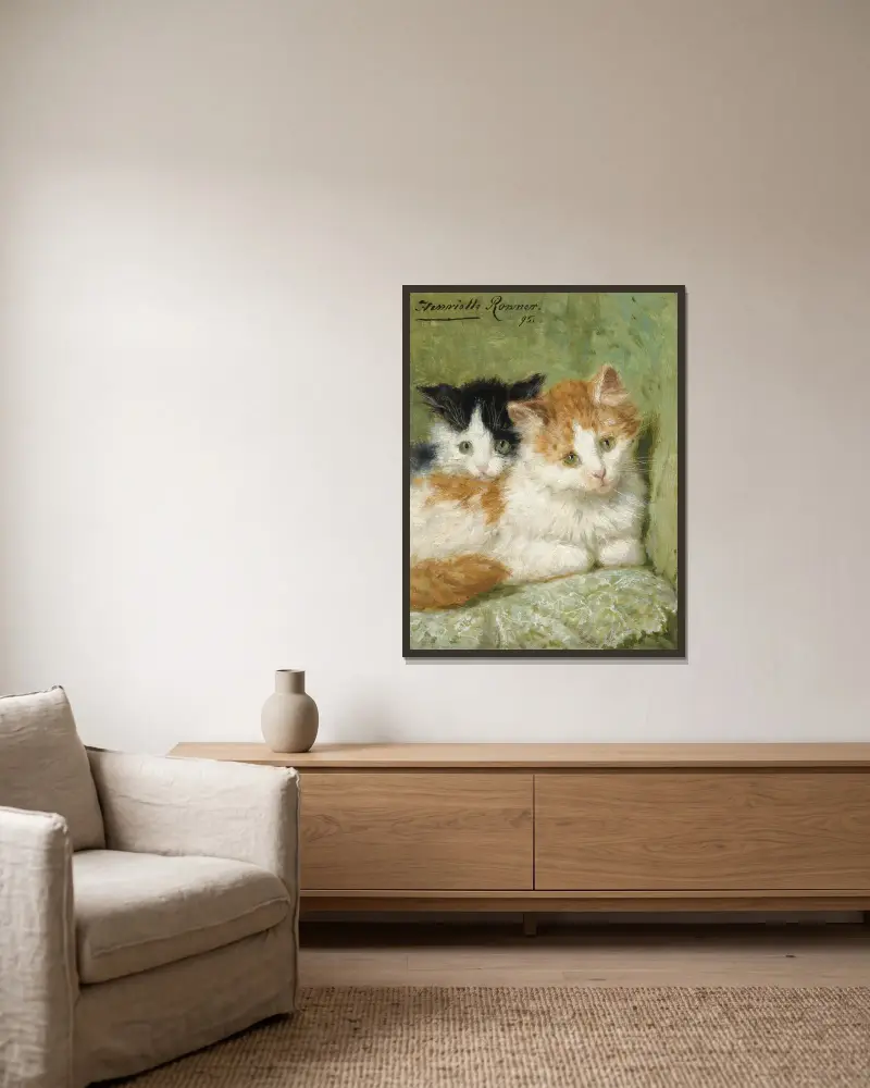 Two Kittens Sitting On A Cushion av Henriëtte Ronner-Knip inramad på en vägg