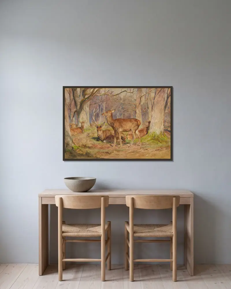 Hjortfamilj i Fontainebleauskogen. Senhöst. Tidig morgon av Rosa Bonheur inramad på en vägg