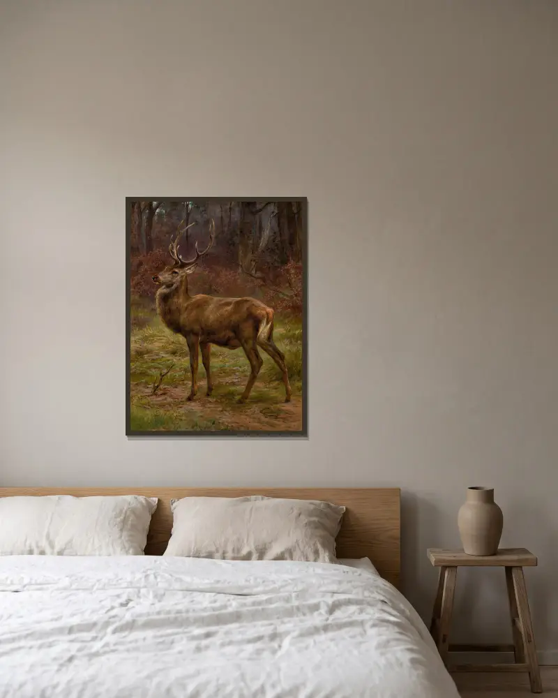 Hjort i ett höstlandskap av Rosa Bonheur inramad på en vägg