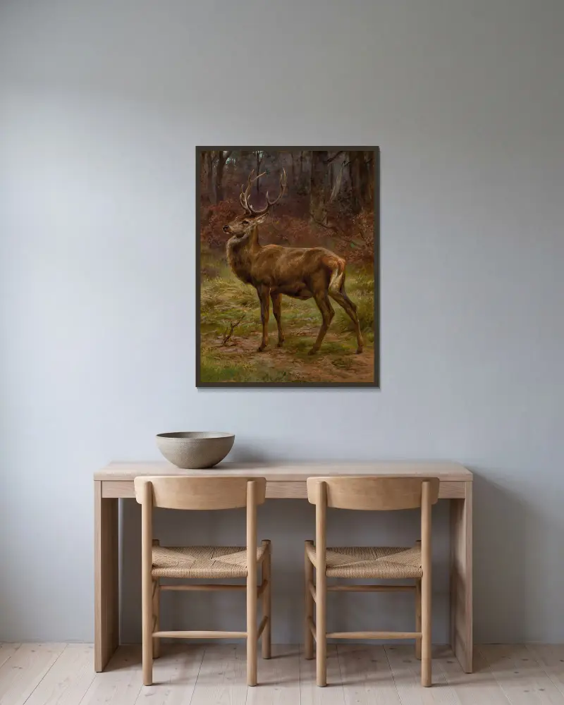 Hjort i ett höstlandskap av Rosa Bonheur inramad på en vägg