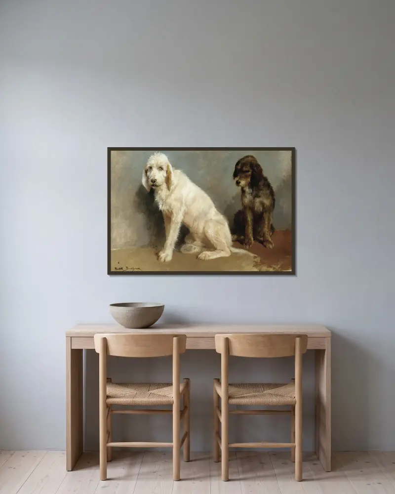Studie av två hundar av Rosa Bonheur inramad på en vägg