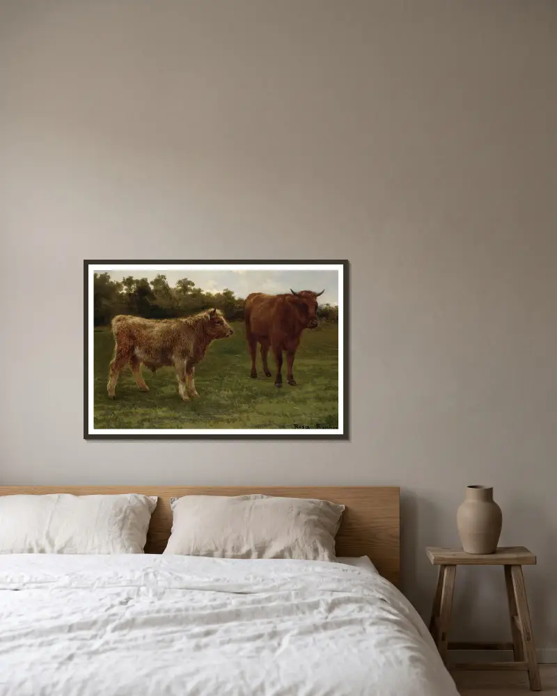 Zwei grasende Kühe von Rosa Bonheur gerahmt an einer Wand