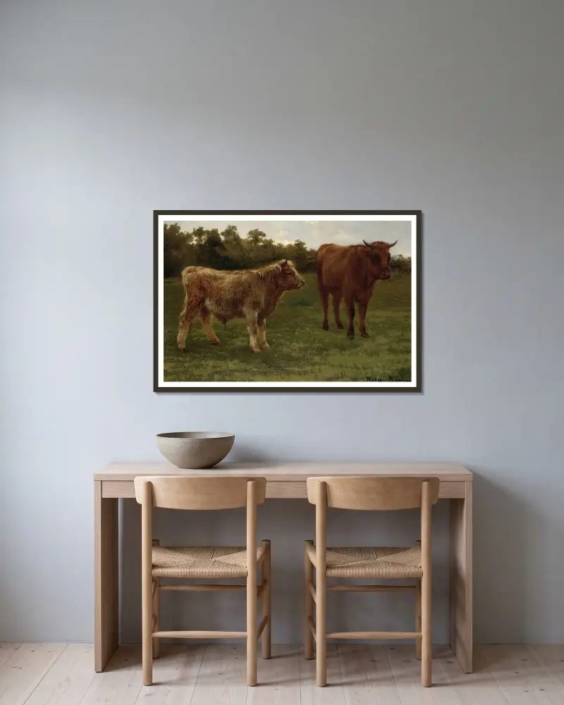 Zwei grasende Kühe von Rosa Bonheur gerahmt an einer Wand