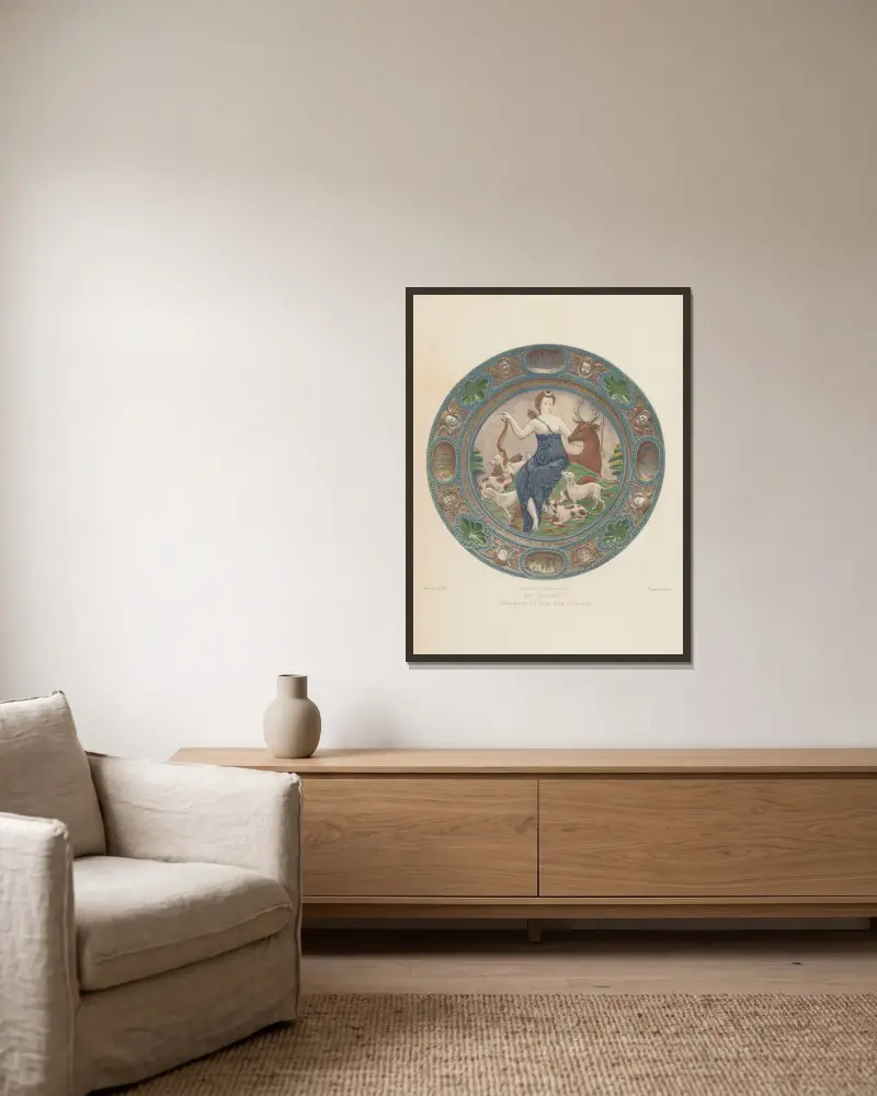 Emaillierte Fayence von B. Palissy, Becken mit Basrelief von Joseph Rose Lemercier gerahmt an einer Wand