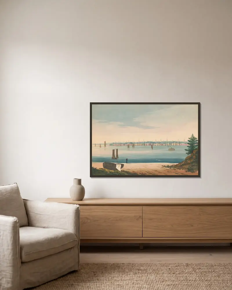 Ansicht von New York von Brooklyn Strand aus von John Rubens Smith gerahmt an einer Wand