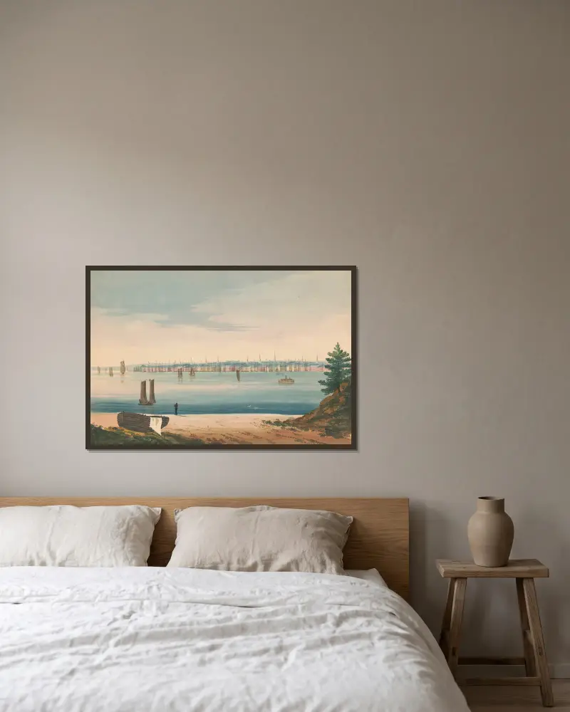 Ansicht von New York von Brooklyn Strand aus von John Rubens Smith gerahmt an einer Wand