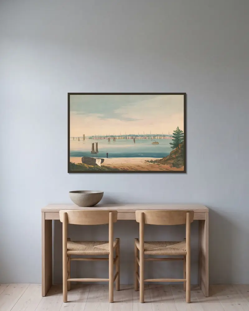 Ansicht von New York von Brooklyn Strand aus von John Rubens Smith gerahmt an einer Wand