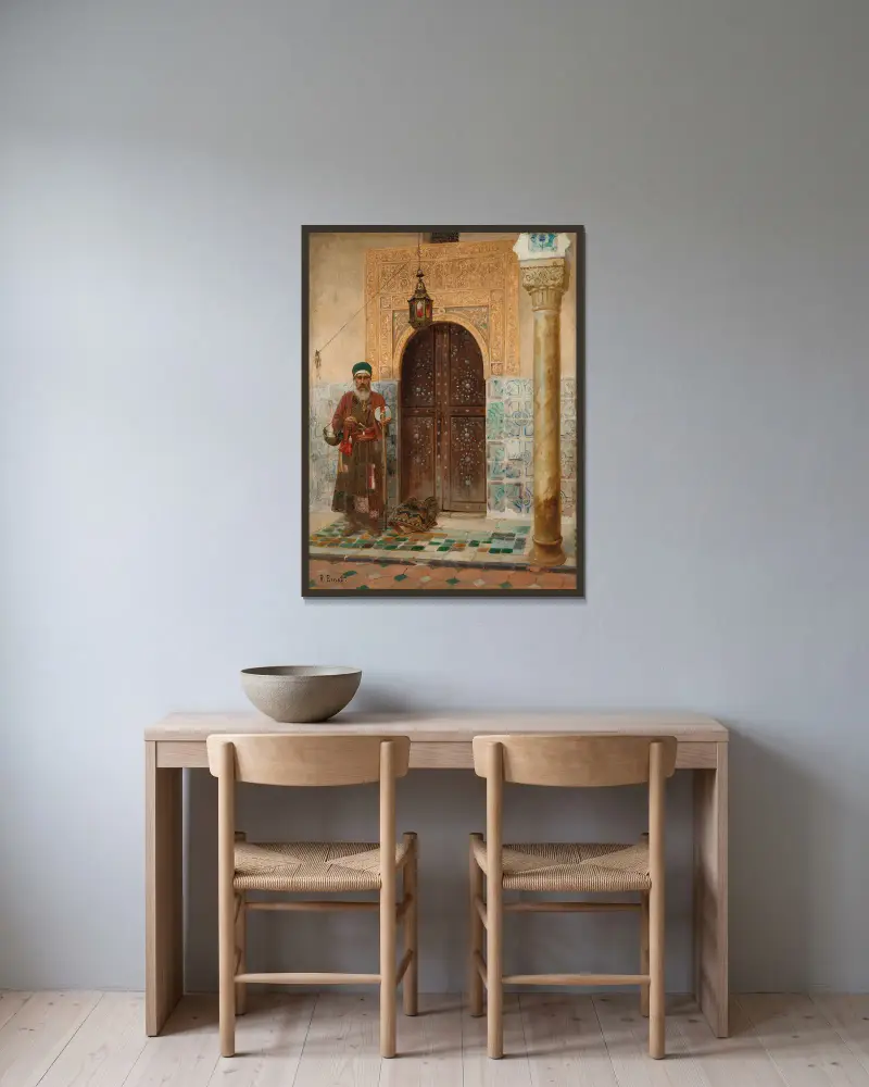 En helig man vid en ingång av Rudolf Ernst inramad på en vägg
