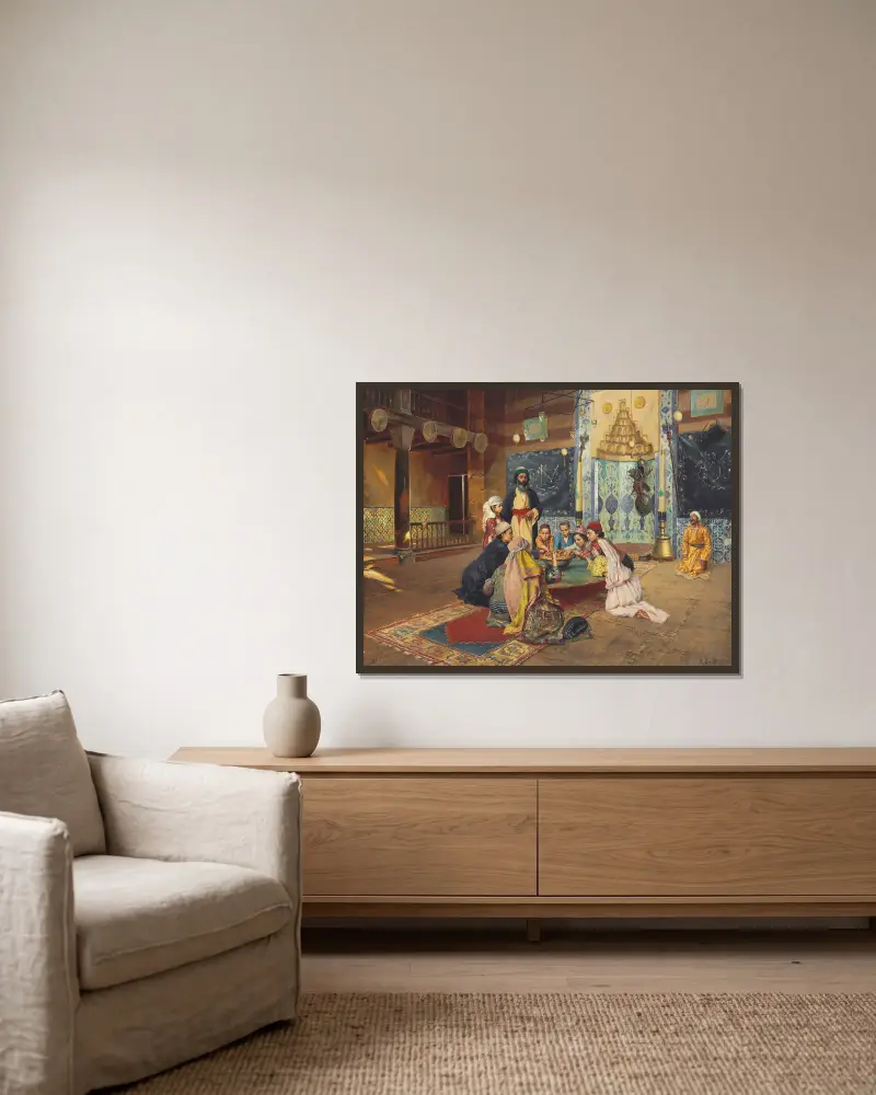 Välgörenhet hos dervischerna i Scutari av Rudolf Ernst inramad på en vägg