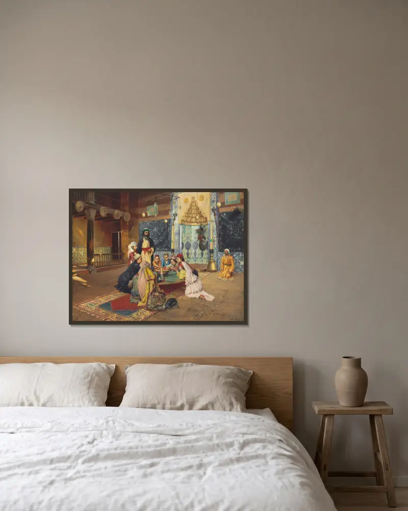Välgörenhet hos dervischerna i Scutari av Rudolf Ernst inramad på en vägg