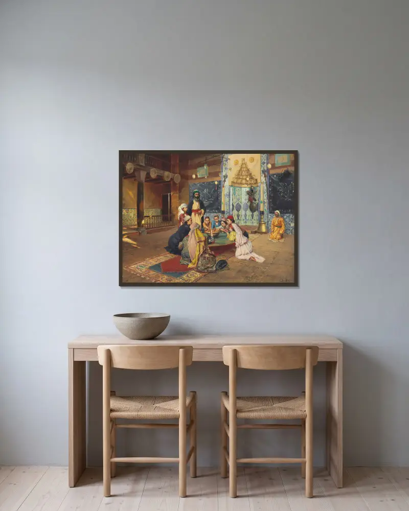 Välgörenhet hos dervischerna i Scutari av Rudolf Ernst inramad på en vägg