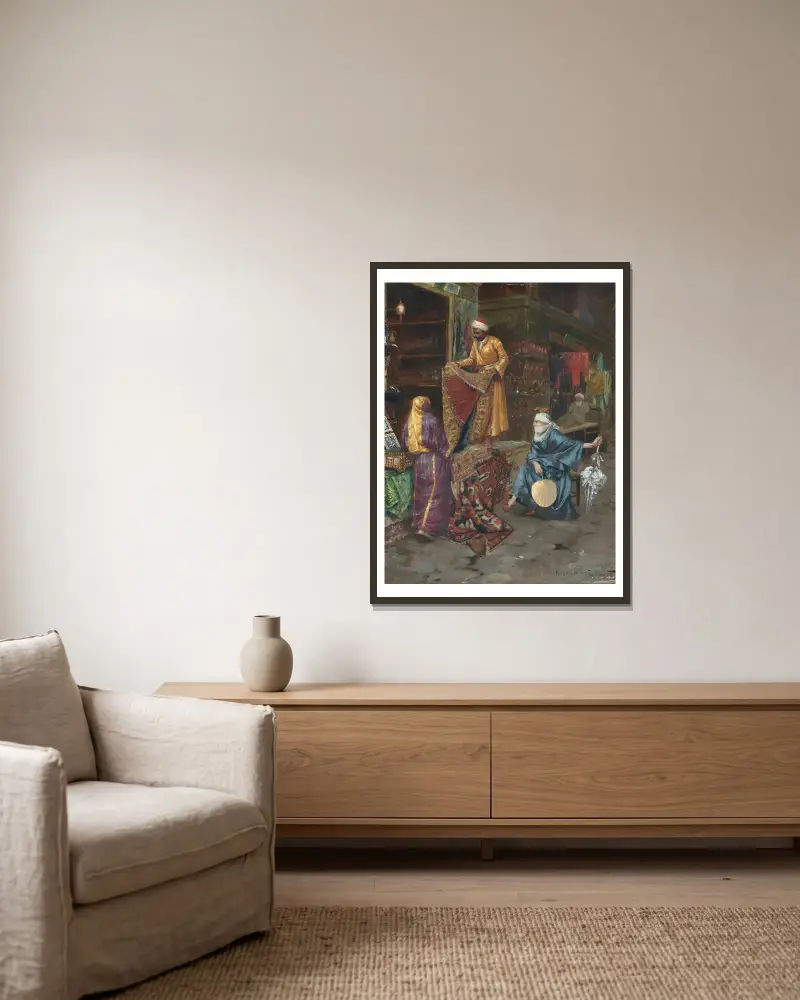 Der Teppichhändler von Rudolf Ernst gerahmt an einer Wand