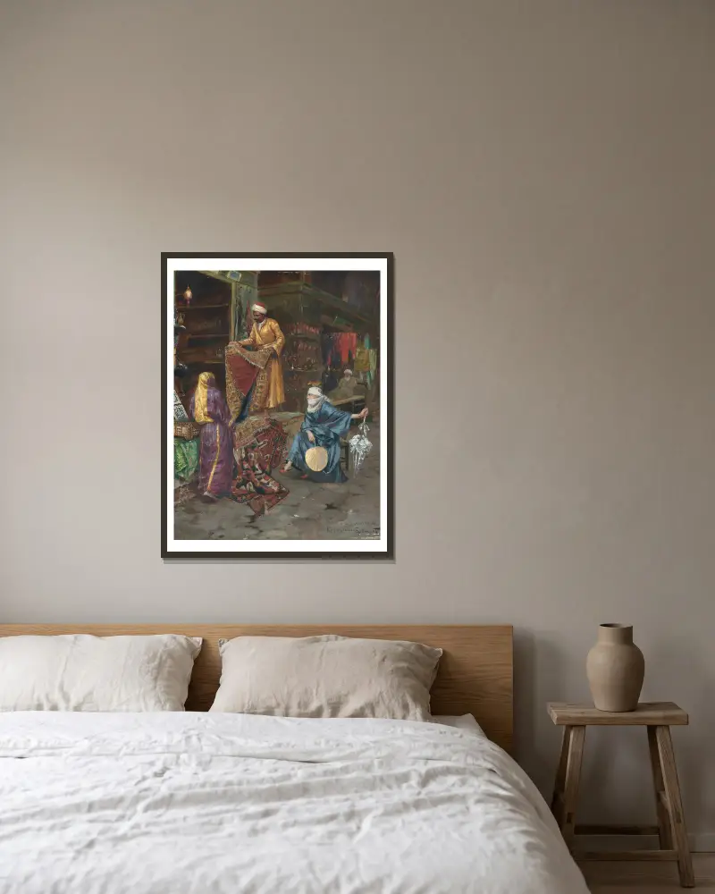 Der Teppichhändler von Rudolf Ernst gerahmt an einer Wand