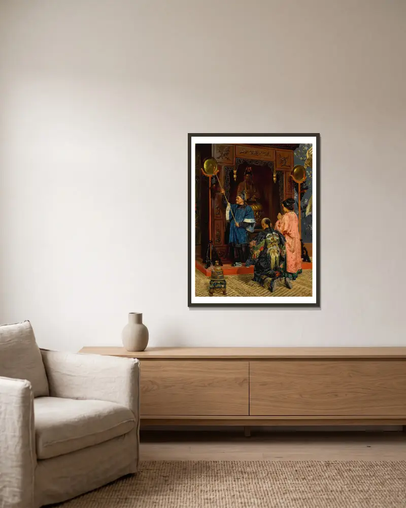 Tillbedjare vid en buddhistisk helgedom av Rudolf Ernst inramad på en vägg