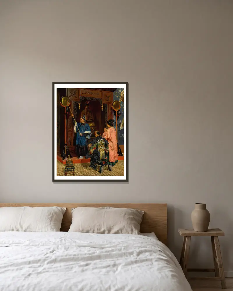 Tillbedjare vid en buddhistisk helgedom av Rudolf Ernst inramad på en vägg