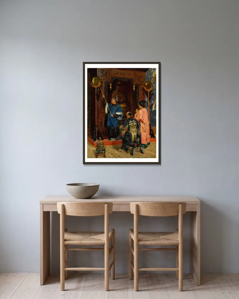 Tillbedjare vid en buddhistisk helgedom av Rudolf Ernst inramad på en vägg