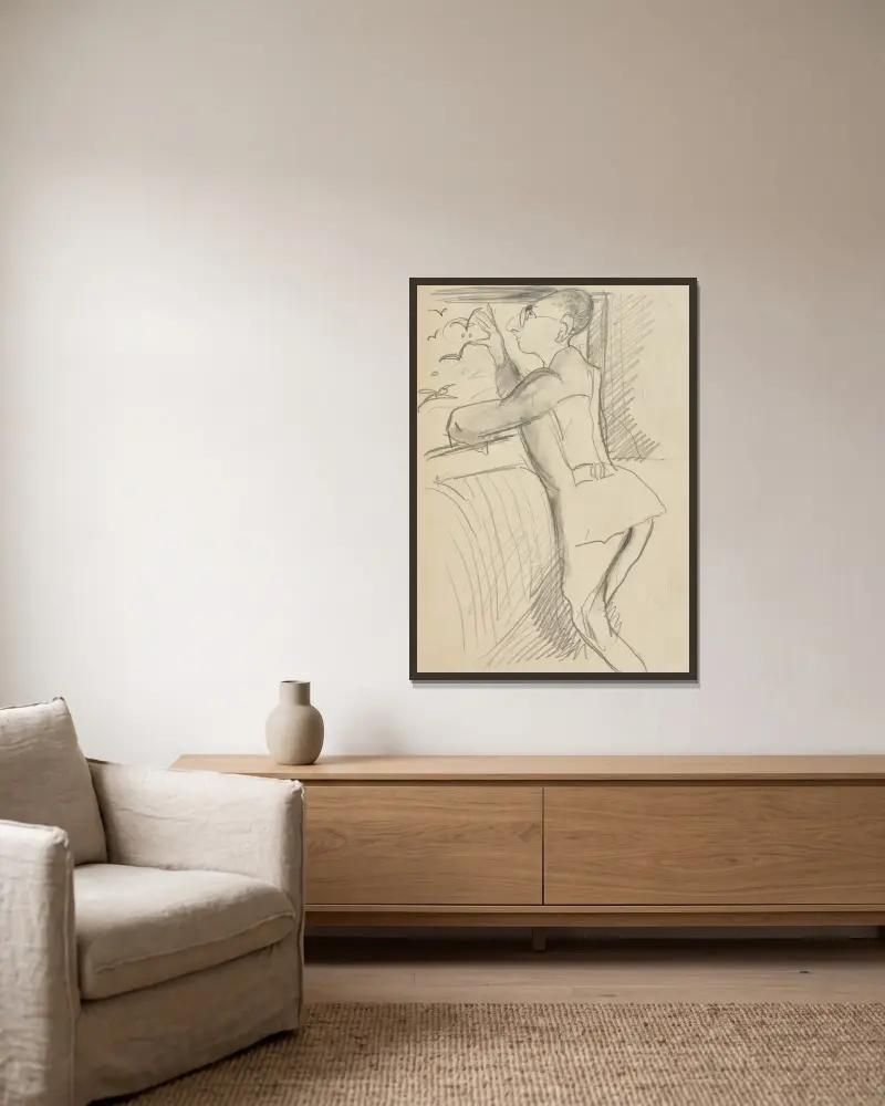 Aus dem Fenster schauender Mann (Max Pretzfelder) von Rudolf Grossmann gerahmt an einer Wand
