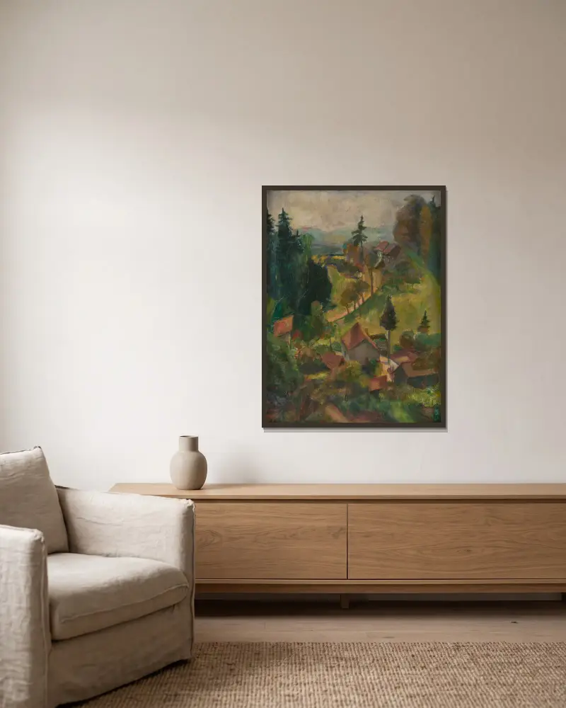 Dorflandschaft von Rudolf Grossmann gerahmt an einer Wand