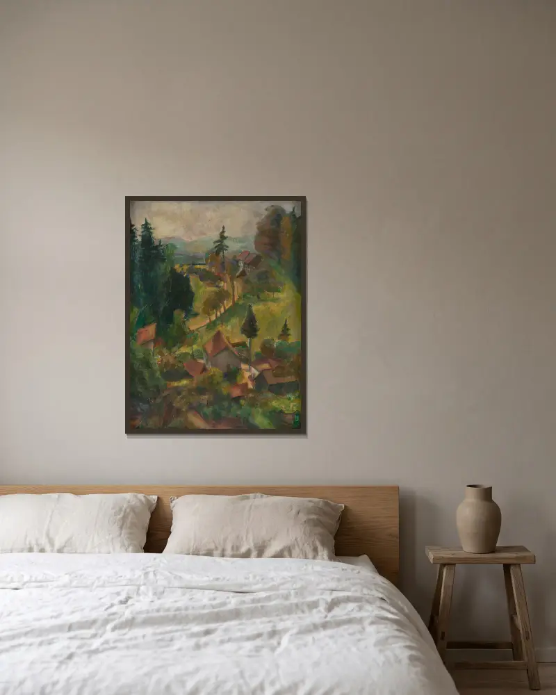 Dorflandschaft von Rudolf Grossmann gerahmt an einer Wand
