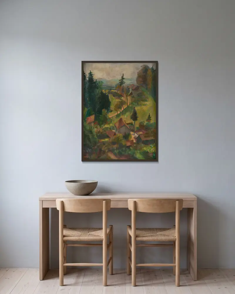 Dorflandschaft von Rudolf Grossmann gerahmt an einer Wand