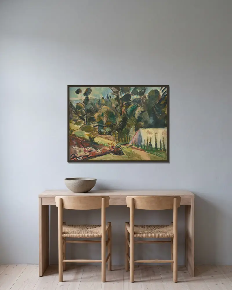 Landschaft mit Zelt av Rudolf Grossmann inramad på en vägg