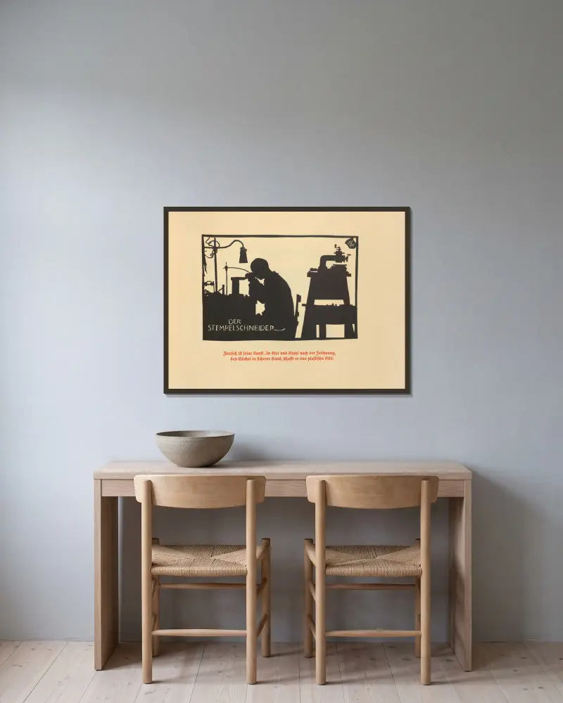 Die Schriftgießerei im Schattenbild Pl. 06 von Rudolf Koch gerahmt an einer Wand