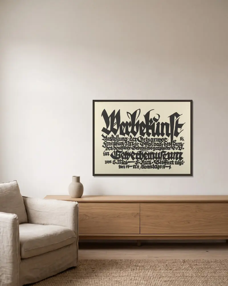 Reklamkonst. Utställning av lokalgrupperna Frankfurt a.M. och Offenbach inom Bund deutscher Gebrauchsgraphiker e.V. i Gewerbemuseum 8 maj–5 juni av Rudolf Koch inramad på en vägg