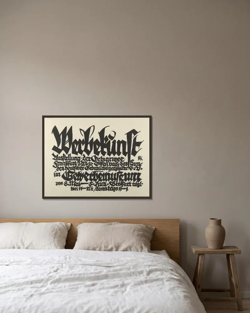 Reklamkonst. Utställning av lokalgrupperna Frankfurt a.M. och Offenbach inom Bund deutscher Gebrauchsgraphiker e.V. i Gewerbemuseum 8 maj–5 juni av Rudolf Koch inramad på en vägg