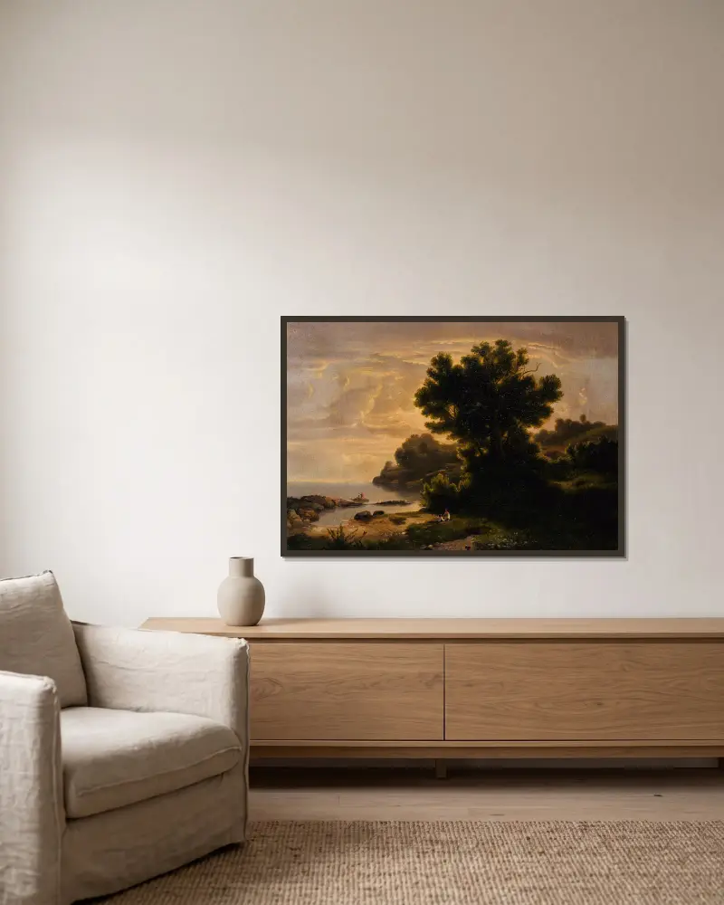 Landschaft mit Familie am See von Robert S. Duncanson gerahmt an einer Wand