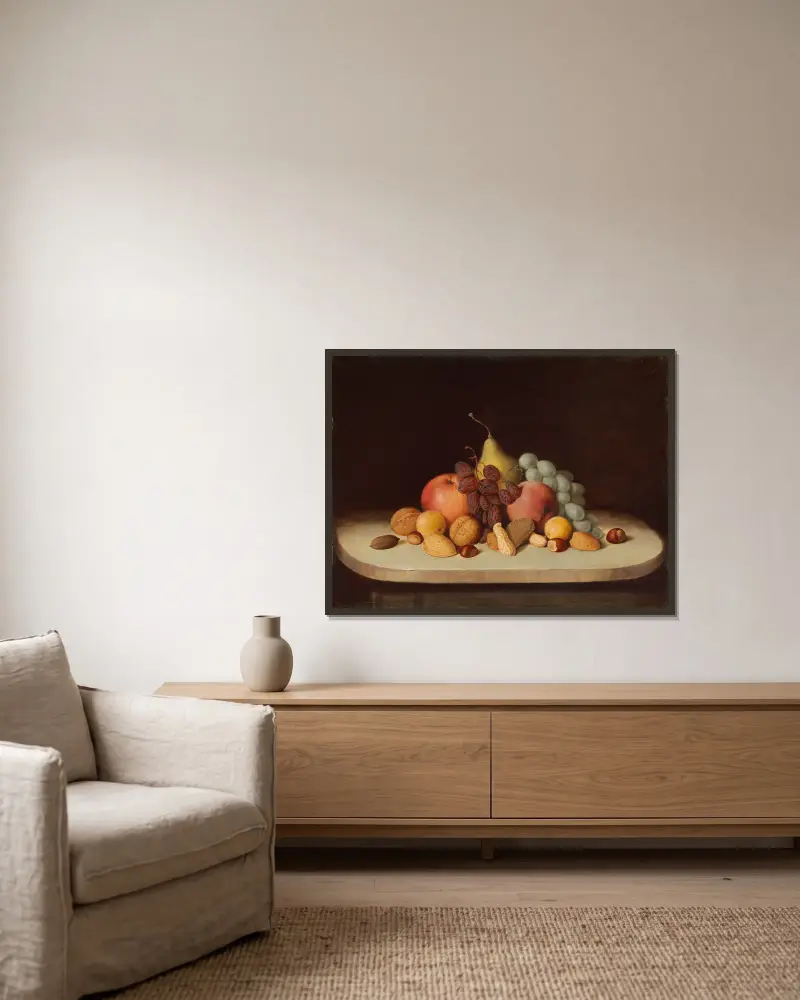 Stillleben mit Früchten und Nüssen von Robert S. Duncanson gerahmt an einer Wand