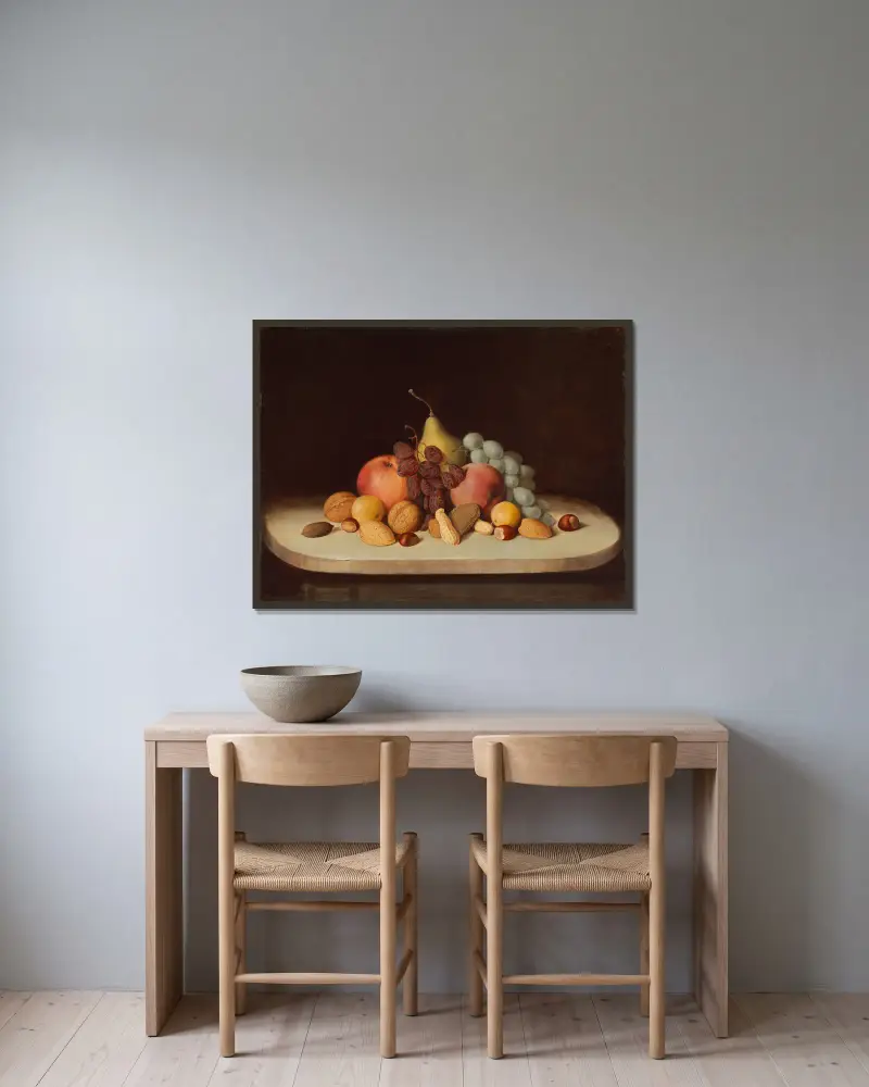Stillleben mit Früchten und Nüssen von Robert S. Duncanson gerahmt an einer Wand