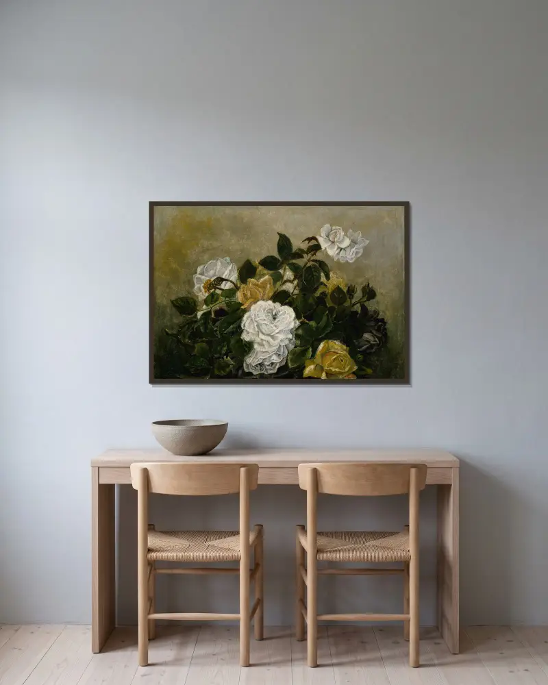 Still Life with Roses av Robert S. Duncanson inramad på en vägg