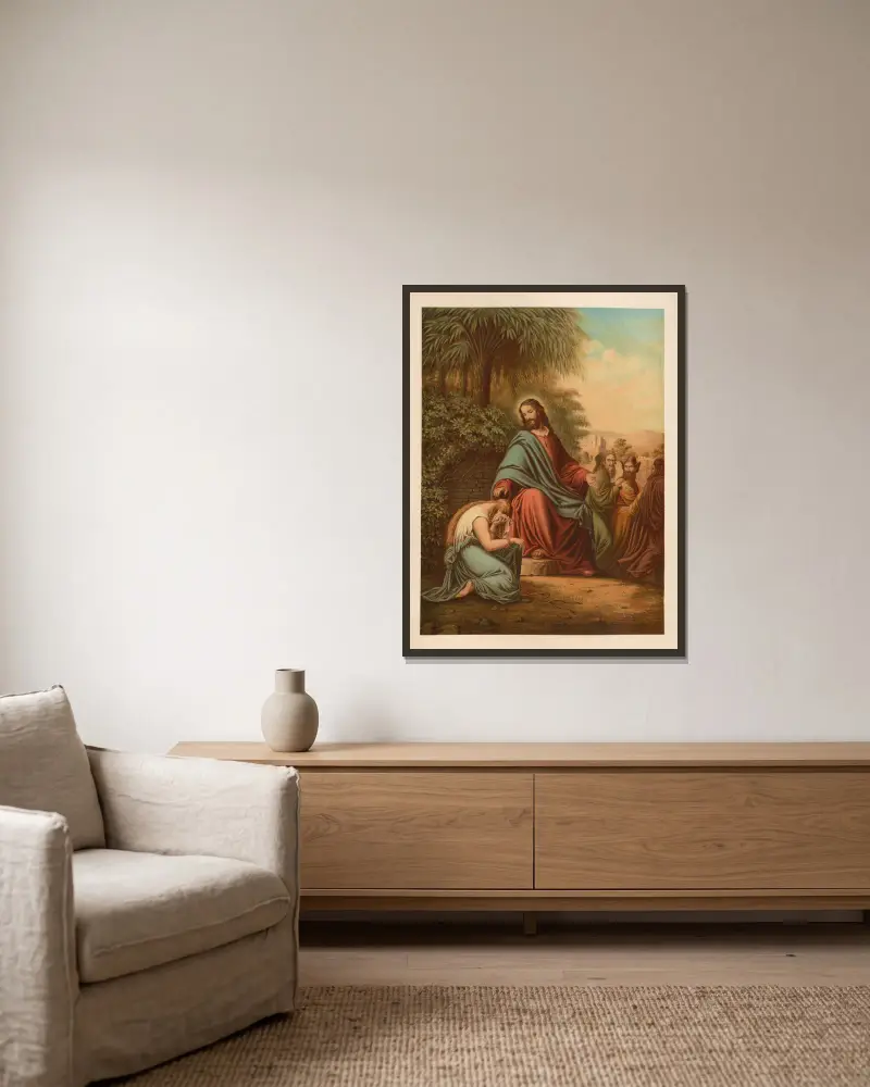 Christus und die Ehebrecherin von Jan Ladislaw Sýkora gerahmt an einer Wand