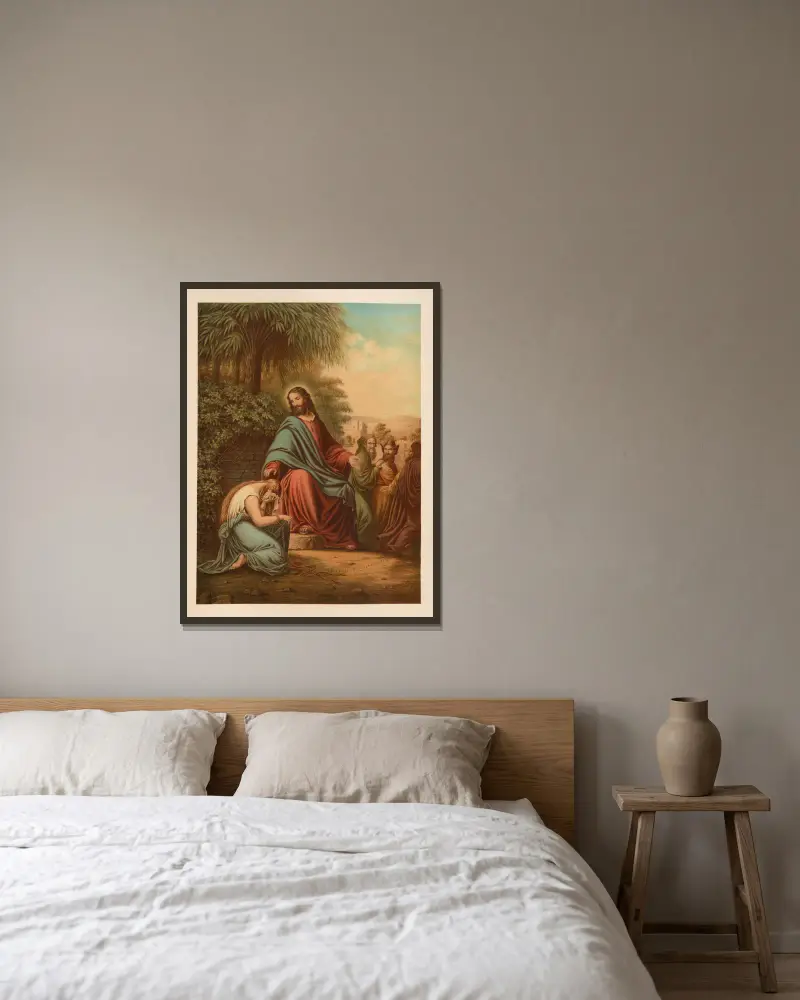 Christus und die Ehebrecherin von Jan Ladislaw Sýkora gerahmt an einer Wand