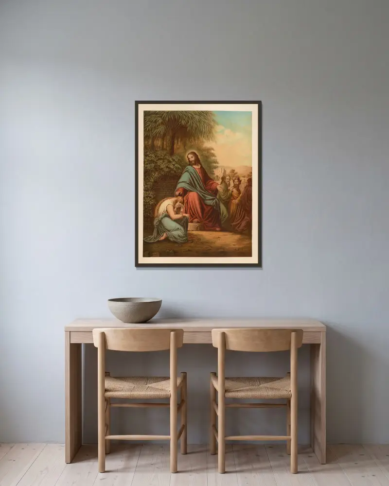 Christus und die Ehebrecherin von Jan Ladislaw Sýkora gerahmt an einer Wand