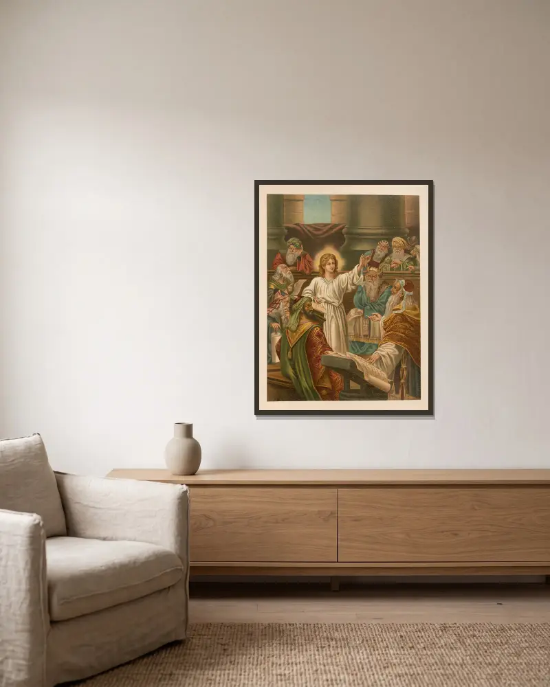 Jesus lehrt im Tempel von Jan Ladislaw Sýkora gerahmt an einer Wand